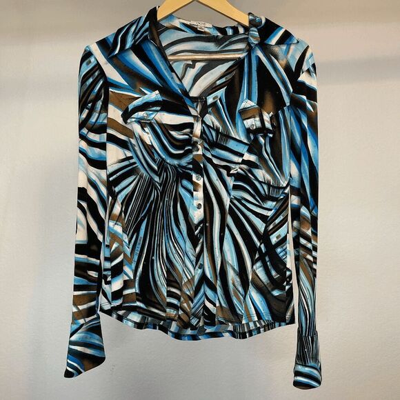 Y2k Vintage Cache Brown and Blue Print Button Down Blouse - Picture 7 of 8